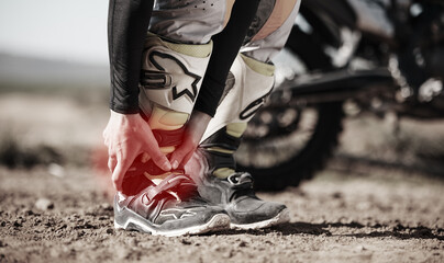 Fototapeta na wymiar Ankle, injury and motorcycle with the hands of a man holding his joint in pain while outdoor for a race. Sports, training or anatomy with a male athlete suffering an accident on a ride for recreation