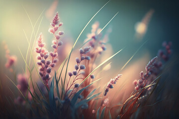 Background with flowers and grass. AI generated image.