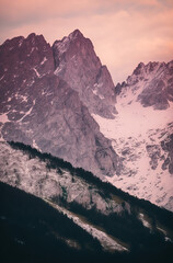 Beautiful view of the mountains, pink color. Generative AI.