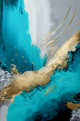 Blue and gold abstract acrylic painting on canvas. Liquid marble texture. Generative AI