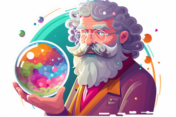 elderly man with crystal ball, digital illustration