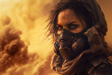 Post apocalyptic survivor in gas mask. Environmental disaster, Armageddon - Dystopia - destroyed buildings - in a post-apocalyptic World - Generative AI - obrazy, fototapety, plakaty