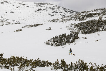 Unrecognizable man and his dog walking in the winter mountain.