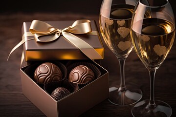 Valentine's day, box of chocolates and champagne glass, Generative AI