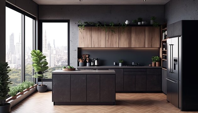 dark matte modern kitchen room 3D rendering Design. Generative Ai