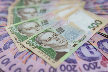 Obraz na płótnie Canvas Hryvnia Banknotes For 500 200 Hryvnia.