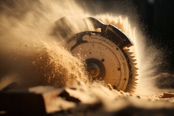 Close up wood circular saw sawing wood with flying chips and dust in warm light - obrazy, fototapety, plakaty