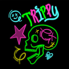 Fun acid trippy rainbow neon skull with slogan, glowing psy graphic. Graffiti rock teen street art print. Groovy cool graffiti.