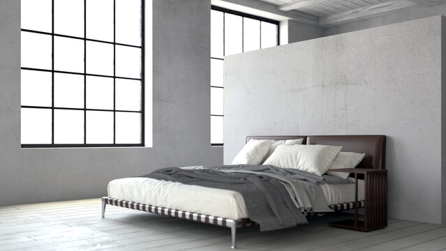 Ambiente interno di design moderno con letto matrimoniale di lusso in pelle stile italiano in abitazione di milano con sfondo trasparente