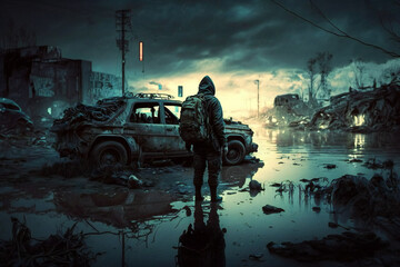 Post apocalyptic survivor in gas mask. Environmental disaster, Armageddon - Dystopia -  destroyed buildings -  in a post-apocalyptic World - Generative AI - obrazy, fototapety, plakaty