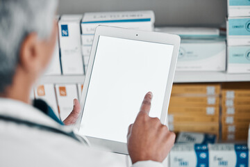 Digital tablet, mockup and hands of pharmacist for medicine, stock and checklist, prescription or pills. Copy space, screen and female health expert online for internet, search and app for inventory