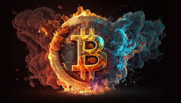 The Bitcoin is on fire, burning bright against a colorful backdrop. This vibrant image represents the explosive growth and popularity of the digital currency. generative AI