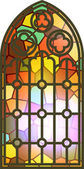Gothic stained glass window. Church medieval arch. Catholic cathedral mosaic frame. Old architecture design. 