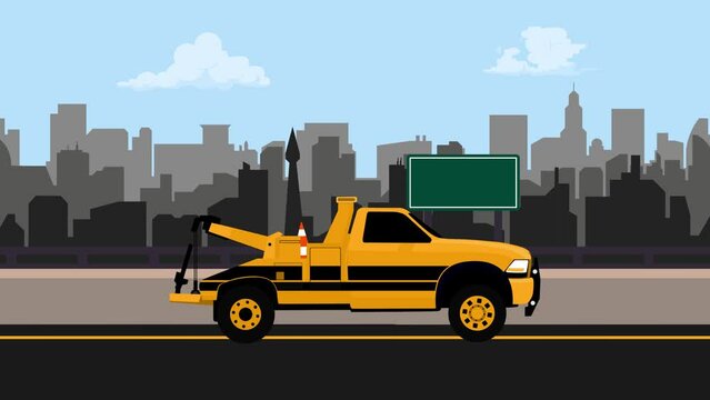 Animated cartoon design of traffic on the highway with moving towing truck . Cartoon in 4k resolution