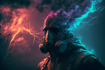 Post apocalyptic survivor in gas mask. Environmental disaster, Armageddon - Dystopia -  destroyed buildings -  in a post-apocalyptic World - Generative AI