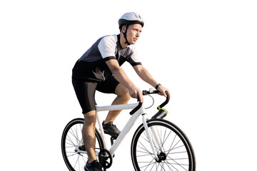 Person male cycling cyclist marathon race in fitness suit, isolated transparent background.