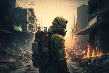 Post apocalyptic survivor in gas mask. Environmental disaster, Armageddon - Dystopia -  destroyed buildings -  in a post-apocalyptic World - Generative AI - obrazy, fototapety, plakaty
