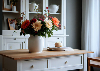 Spring flowers in glass vase on wooden table in kitchen. Contemporary elegant scandi interior. AI Generated