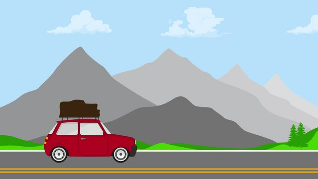 Animation of a red car moving on a mountainmountains background. The car drives along the mountain road. The cartoon car drives along the fields.
