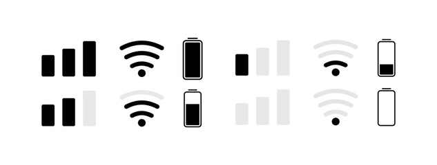 Connection and battery status set icon. Wifi, mobile network, charge percent, accumulator, cross, aborted, device status bar. Technology concept. Vector line icon for Business - obrazy, fototapety, plakaty