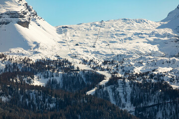View of Passo Groste - Ski slopes of Madonna di Campiglio. Alpine Ski resort of Trentino Alto Adige into Dolomiti di Brenta Park. Italy