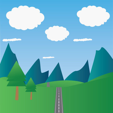  vector landscape with mountains green background blue sky in cartoon style