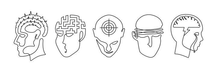 Mental disorder a continuous line drawing set, one line abstract depictions of psychic health problems, minimalist icons of human heads that illustrate personality disorders or mental illnesses - obrazy, fototapety, plakaty