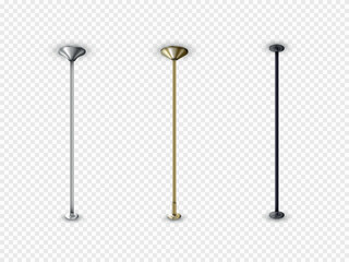 A set of pole dance pylons realistic vector illustrations, shiny metal dance poles of golden, chrome and black colors, various poles for fitness
