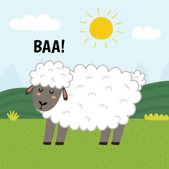 A sheep saying baa print. Cute farm character on a green pasture making a sound. Funny card with animal in cartoon style for kids. Vector illustration