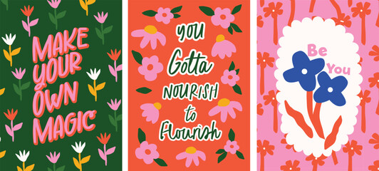 Flowers and inspirational Quote Poster design. Hand drawn Illustration template for social media, greeting card, phone wallpapers, banners postcard. Spring background vector.