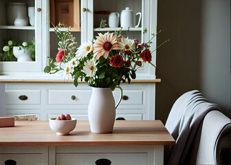 Spring flowers in glass vase on wooden table in kitchen. Contemporary elegant scandi interior. AI Generated