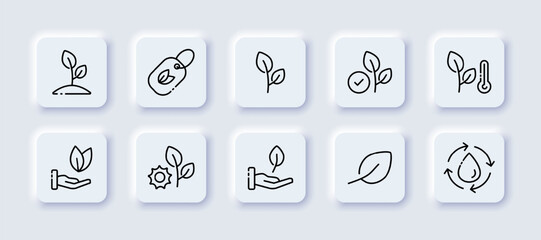 Plant set icon. Sprout, growth, green peace, phytology, photosynthesis, ecology, botany, earth, leaf in the hand. Green energy concept. Neomorphism style. Vector line icon for Advertising