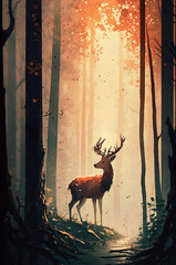 Deer, sun, forest, beautiful landscape, nature, wallpaper. Generative AI.