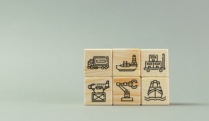 Different types of international transport, the concept of building world trade, wooden box, technology idea
