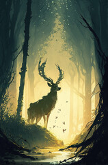Deer, sun, forest, beautiful landscape, nature, wallpaper. Generative AI.