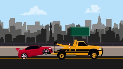 Tow vehicle. Animation of a tow truck pulling a car, perfect for insurance companies, car dealers, auto repair shops