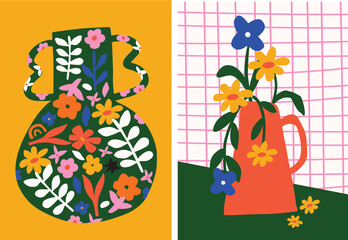 Set of colorful matisse inspired still life pottery vase and flower poster. Modern paintings for the interior in simple hand drawn shapes.

 - obrazy, fototapety, plakaty
