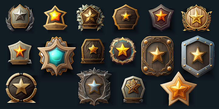 Ranking Badges With Star, Shield And Fantasy Frame For Game Ui, Gui Design. A Beautiful Fantastic Childrens Play Template Isolated On Background. Vector Illustration