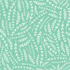 Floral seamless pattern with small tiny branches on mint background. Good for spring textile patterns, bedding, scrapbooking, stationary, wallpaper, wrapping paper and packaging. EPS 10
