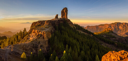 Magnificient view of Roque Nublo sacred mountain at sunset, Roque Nublo Rural Park, Gran Canary, Canary Islands, Spain