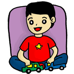 child playing with toy car and very happy