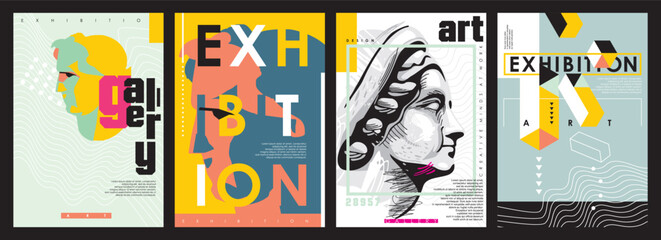 Art gallery posters collection for artistic exhibition. Creative minimalist flyers and banners with antique statue drawings and vector illustrations. Graphic design templates.