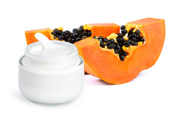 Papaya beauty skin care cream in glass jar isolated on white background.