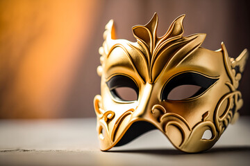 Golden carnival mask. Mask is an accessory used to cover the face. Used for recreational, religious, artistic or practical purposes. The word originates from the Latin mascus or masca = "ghost".