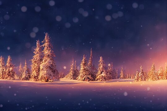 Abstract magic winter landscape with snow and golden bokeh lights - Banner, Panorama. Generative AI