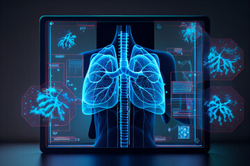 Healthcare and medicine, Virus, Doctor and robotics research diagnose virtual Human Lungs with virus spread inside on modern interface screen on laboratory, AI