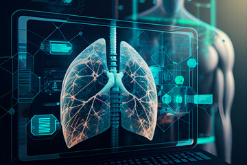 Healthcare and medicine, Virus, Doctor and robotics research diagnose virtual Human Lungs with virus spread inside on modern interface screen on laboratory, AI