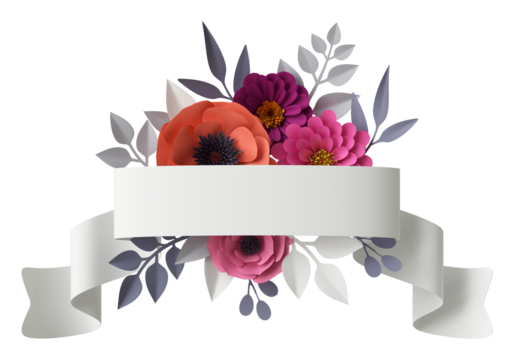 Pink and red paper craft flower bouquet with white twisted ribbon. 3d illustration