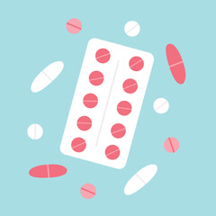 Illustration of pills, capsules and pill blister. Vector illustration . Flat style. Medicine concept.