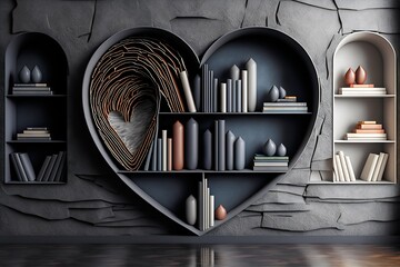 Heart shaped bookcase modern wallart created with AI